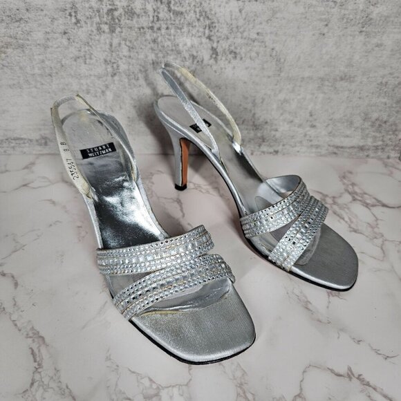 Stuart Weitzman Vintage Silver Leather Crystal Beaded Sling Back Heels Women 8B‎ - Picture 10 of 11